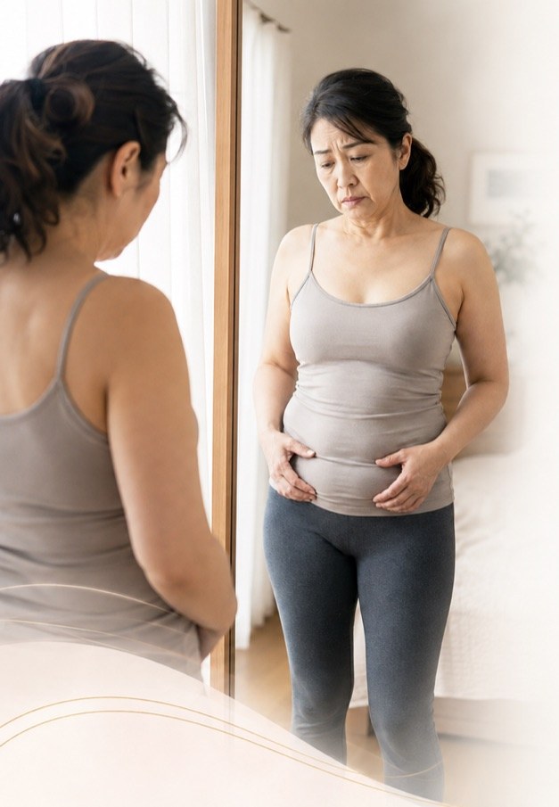 鏡の前で自分の身体の変化に悩む女性